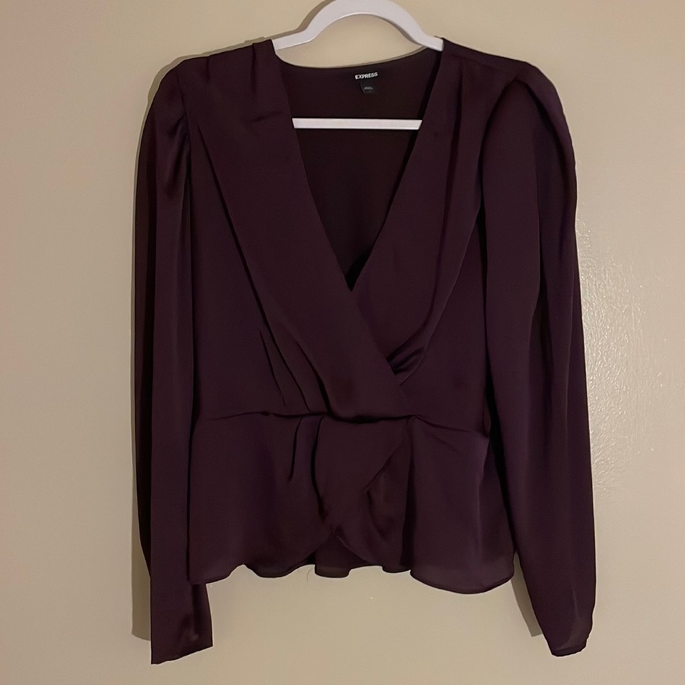 Large Satin Puff Shoulder Draped Faux Wrap Peplum Top